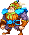 Pixel art character with brown hair, green hat, blue scarf, and purple armor standing against gray background.