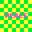Green and yellow checkered background with four pink 'PEACE' text blocks and two green -like shapes in different positions