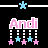 Pixelated 'Andi' text in pink or light blue with white outlines, hanging from dotted lines above four stars that alternate colors across frames.