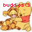 Pixelated image of two cartoon bears hugging, one wearing a red shirt with text 'buddies<3' above them in red pixel font.