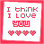 Pixelated red text on white background reads "I think I love you" with four hearts below, framed by red border.