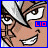 Pixelated anime-style character face with silver hair, brown skin, and a wide grin showing teeth; blue border on left image, red on top-right, yellow on bottom-left.