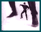Animated sequence showing a small dark figure dancing between large silhouetted legs on a light background.