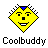 Six pixelated yellow diamond-shaped smiley icons arranged in a 3x2 contact sheet with blue triangular hair, black facial features, and the text "Coolbuddy" below each icon.