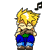 Pixel art character with spiky blonde hair, green undershirt, blue pants, brown shoes, and a musical note above head, shown in multiple poses.