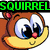 Animated pixel art squirrel with large eyes and a yellow mouth, displayed with green and pink text above.
