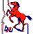Pixelated red horse rearing on hind legs with blue mane and tail, positioned next to a vertical pole with a looped top, against a white background.