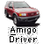 Pixelated red and white car with open driver's door, black wheels, yellow headlight detail, positioned above pixelated text reading 'Amigo Driver' on gray background.