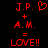 Red pixelated text on black background shows 'J.P. + A.M. = LOVE!!' with a heart symbol replacing the period after J.P. in one version.
