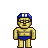 Pixelated character with yellow skin, blue swim trunks, and a blue-and-white swim cap, standing against a gray background.