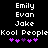 Pixelated text and heart symbols on black background, with two identical side-by-side layouts showing names Emily Evan Jake and Kool PeopleKool People.