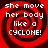 Red and dark red spiral background with white text reading "she move her body like a CYCLONE!" in four identical quadrants.