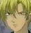 Pixelated close-up of a character with light skin, closed eyes, and a neutral expression against a blurred green and blue background.