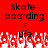Red background with black pixelated text 'Skate-boarding = life' repeated twice, white pixelated splatter effect at bottom.
