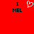 Red background with black text 'I MEL' on left and right, white pixelated heart symbol between them.