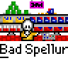 Animated contact sheet of a pixel art buddy icon featuring yellow stick figures, repeated 'Bad Spellur' text, and speech bubbles with misspelled phrases over a gray background.