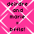 Pixelated text on a pink background with white geometric patterns, repeating 'deirdre and marie = bffls!' four times in black font.