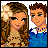 Pixelated 48x48 static buddy icon featuring a cartoon-style couple with brown hair, one holding a white flower, wearing casual clothing against a plain background.