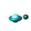 Animated sequence of teal and light blue spheres interacting with a rotating ring on gray background.