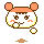 Pixel art character with orange ears and headband, white face, brown eyes, pink cheeks, holding a small round object; red text 'ru' appears below in some frames.