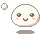 Pixelated white circular character with brown eyes, pink cheeks, and a brown smile, positioned above a brown oval base with a white bubble floating left or right.