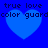 Four blue heart shapes on a solid blue background with pixelated text reading 'true love color guard' above each heart.