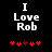 Pixelated text "I Love Rob" in white on black background with red heart symbols below, showing animation change between