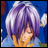 Pixelated anime-style character with purple hair and yellow clothing against a blue background, next to black with white text