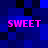 Four instances of the word SWEET in bright pink pixelated text arranged on a blue and black checkered background.