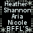 Black background with white pixelated text arranged in a , featuring names and asterisk symbols in a repeating pattern