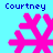 Four pink snowflake-shaped icons arranged in a on a light blue background, each labeled with the text "Courtney" in blue pixelated font above it