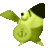 Pixelated green character with single eye, black hat, and anchor symbol on belly, extending one arm outward against gray background.