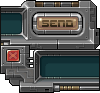 Pixel art of a metallic mechanical device with teal screens and a central 'SEND' button, featuring red X symbol on left side.
