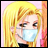 A pixelated anime-style character with long blonde hair wearing a light blue face mask, next to stylized text on a black background.