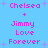 Pixelated text on a light blue background with purple stars, displaying 'Chelsea + Jimmy Love Forever' repeated twice in vertical alignment.