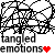 A 50x50 pixel animated contact sheet showing two frames of a black-and-white tangled line art design with text below, where the left frame includes a red heart symbol and the right frame has a horizontal red line replacing it.
