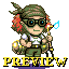 Pixel art character with green camouflage attire, red hair accents, and black glasses holding a yellow staff emitting blue light against gray background.