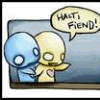 Two cartoon characters with speech bubbles saying "WAIT! FIEND!" and a third character lying on the ground.