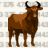 Brown bull with black horns standing in profile against a light gray pixelated background.