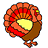 Pixelated turkey with red and orange feathers, yellow beak, brown body, and white background, next to red text reading 'Happy Turkey Day!' and 'Eat Your Turkey! And Lots Of Pie!!'