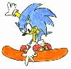 Blue anthropomorphic hedgehog with yellow hands and red shoes rides an orange surfboard, performing a sequence of hand gestures and body rotations.