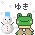 Pixel art contact sheet showing two identical frog characters with snowmen, each frame displaying a different pose variation against gray background with white sparkles.