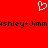 Red background with white pixelated heart symbol above black pixelated text reading "Ashley+Jimmishley+Jimm".