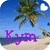 Beach scene with palm tree, blue sky, and white sand; text "Kym" in purple on left , black on right