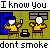 Pixelated animation of a figure in yellow shirt and blue cap smoking, with text about not getting high on Friday.