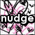 Pixelated pink and black floral design with text changing from 'nudge' to '<3' over time.