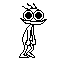 Pixelated character with large round eyes and antennae in multiple walking poses on gray background.