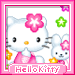 Hello Kitty in pink dress with flower on head, bunny companion, green stars and pink flowers around; text 'Hellokitty' at bottom.