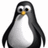 Pixelated penguin with black and white body, yellow beak, and gray eyes stands against a split background of white and black.