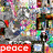 Four distinct peace symbol icons arranged in a , each with unique backgrounds and color schemes beneath the word 'peace' on colored bars